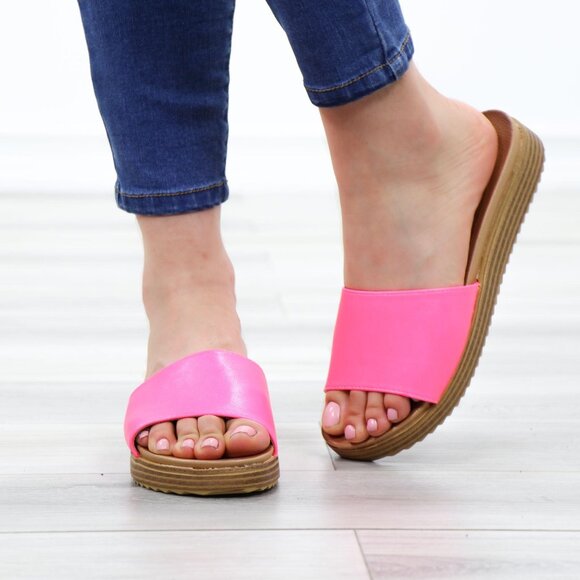 Neon Pink Faux Leather Slip On Comfort Sandal - Picture 8 of 13
